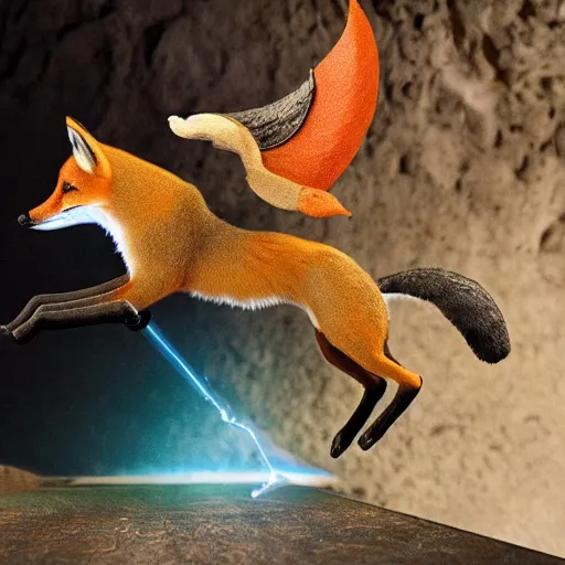 Image similar to a fox riding on an open tome flying through a fantasy cavern