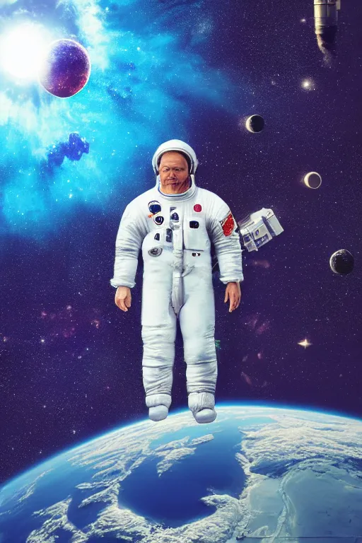 Prompt: giant Bill Murray head floating in cosmic space, space station, rockets, concept art, matte painting, detailed, intricate, concept art, artstation