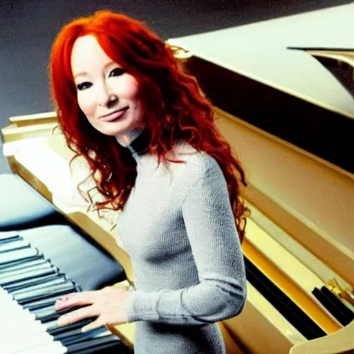 Image similar to tori amos stands atop a grand piano showing off her amazing yo yo tricks, beautiful photo