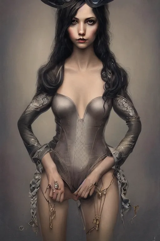 Image similar to Adventure pulp portrait of a beautiful female dollpunk with thin lustrous hair wearing a full bodysuit, focus, detailed, realistic eyes, symmetric body features proportions, intricate details, award winning, by Tom Bagshaw