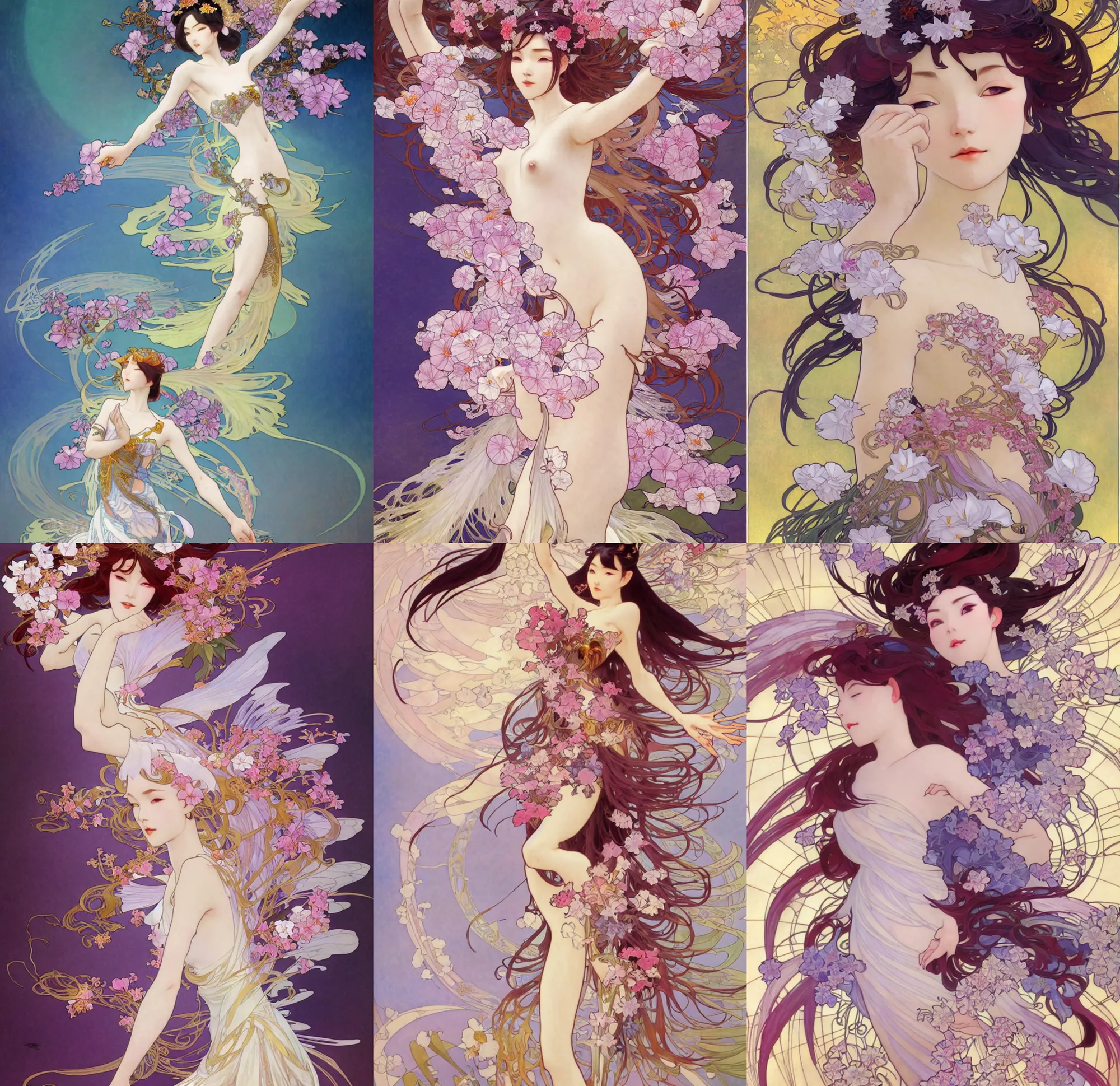 Prompt: deco art by illustrator at riot games, kathi langley, john singer sargent, yoshitaka amano, alfons mucha and makoto shinkai. chinese fairy goddess, character concept, full body, hyper detailed, dynamic pose, intricate, lily flowers. 8 k