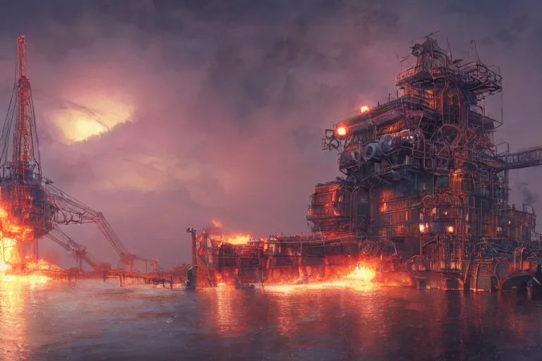 Image similar to a highly detailed matte painting of a soviet steampunk oil rig on fire at night by studio ghibli, makoto shinkai, by artgerm, by wlop, by greg rutkowski, volumetric lighting, octane render, 4 k resolution, trending on artstation, masterpiece