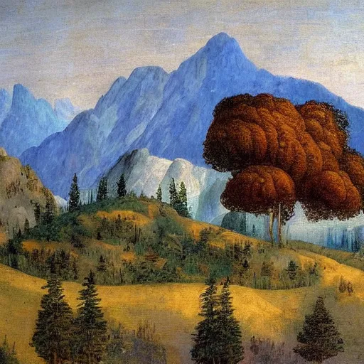 Prompt: trees and mountains, a breathtaking painting, painted in the impressionist style, trees painted by leonardo da vinci