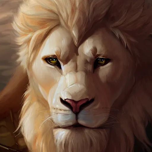 Image similar to aesthetic portrait commission of a albino male furry anthro lion wearing caveman clothing, cozy atmosphere, hyperdetailed. character design by charlie bowater, ross tran, artgerm, and makoto shinkai, detailed, inked, western comic book art, 2 0 2 1 award winning painting
