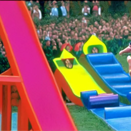 Image similar to a screen still of chris farley running the double dare obstacle course from double dare