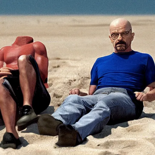 Prompt: walter white and ironman sitting on the beach