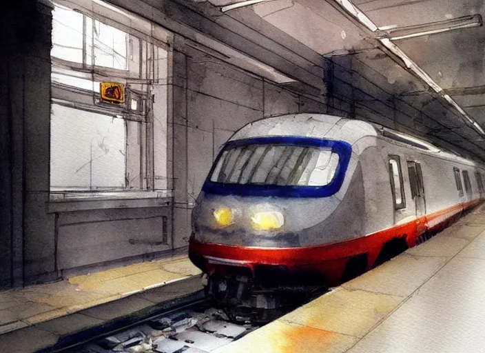 Image similar to concept art of a urban train, pinterest, artstation trending, behance, watercolor, by coby whitmore *, silver, laser light *,