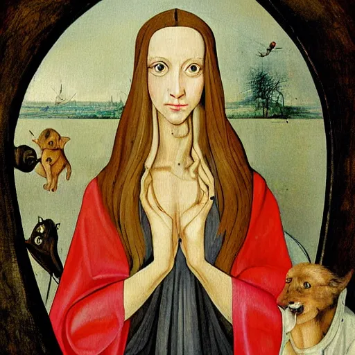 Image similar to a painting of a beautiful woman with long hair and jackal ears in the style of hieronymus bosch