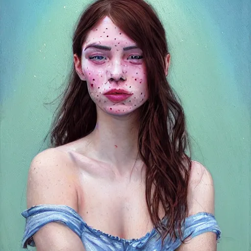 Image similar to Facial portrait of a pretty cottagecore girl, looking at the camera, slight awkward smile, lips slightly parted, very light freckles, no hands visible, extremely detailed painting by Greg Rutkowski and by Steve Henderson and by Harumi Hironaka