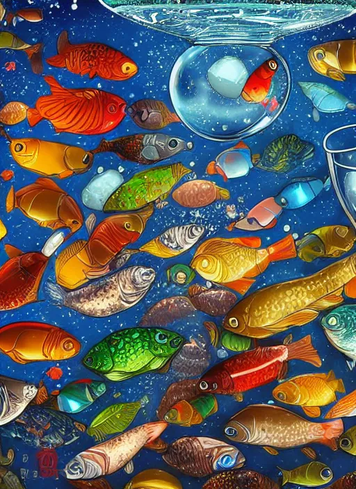 Image similar to the universe in a bottle of water filled with fishes, trending on art station, very detailed, detailed background