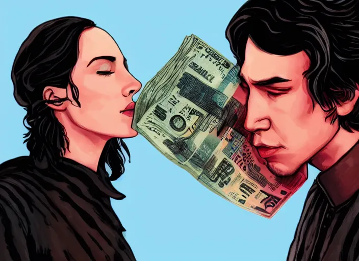 Image similar to reylo kissing, american dollar bill, rey and kylo ren