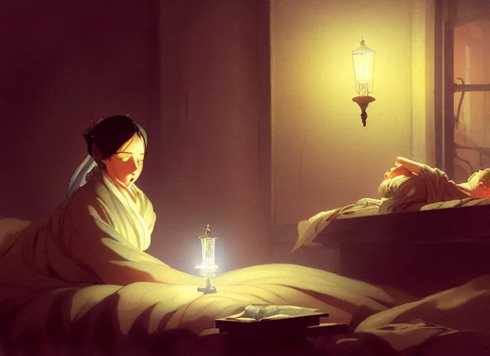 Image similar to 1 8 5 5 crimea, army hospital at night, florence nightingale holding lamp watching over sleeping patient, finely detailed perfect art, painted by greg rutkowski makoto shinkai takashi takeuchi studio ghibli