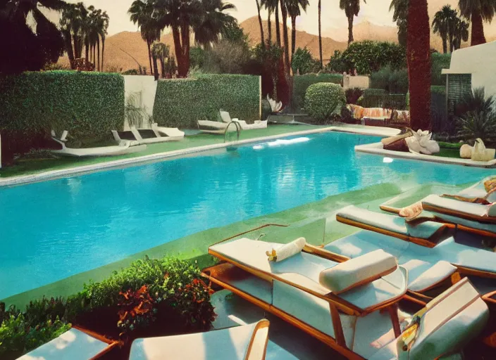 Image similar to a detailed photograph of a palm springs backyard pool in the 1 9 7 0 s by slim aarons, photoreal, 4 k, mist