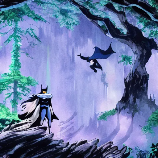 Image similar to Batman in the magical forest by Studio Ghibli, 4k