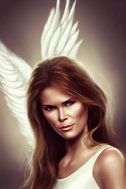 Image similar to portrait of a mix of young maria shriver, mariel hemmingway, melania trump and elle macpherson as an angel, thin lips, hair tied up in a pony tail, white, vine, artstation, cgsociety