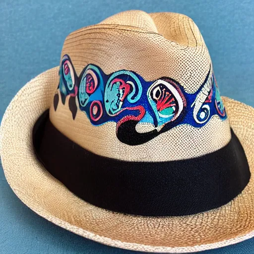 Image similar to dolphin design on a fedora in the style of mexican folk art