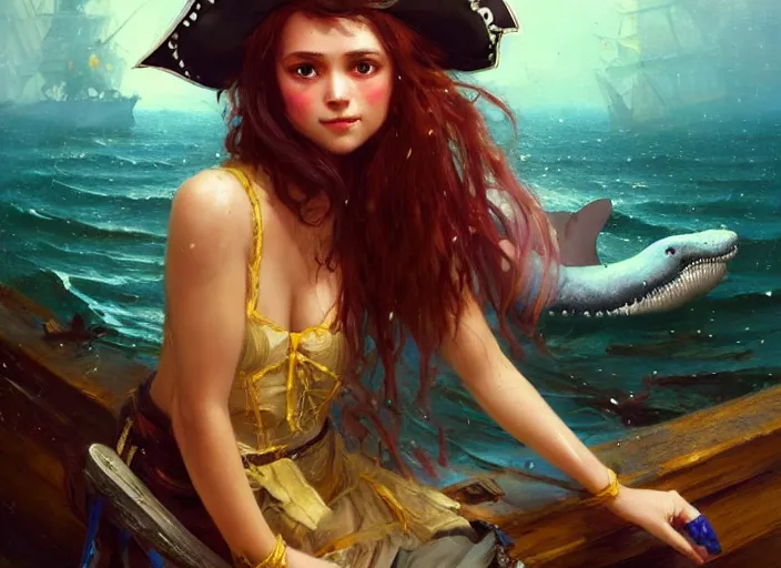 Prompt: full body picture of a pirate girl, looking at the treasure box, hard breathing, messy hair, very excited, smiling, sparkling eyes, magic and fantasy, whale monsters, beautiful and aesthetic and attractive and detailed face, specular reflection, occlusion shadow, intricate, bokeh, masterpiece, by ilya kuvshinov and jeremy lipking and quentin mabille