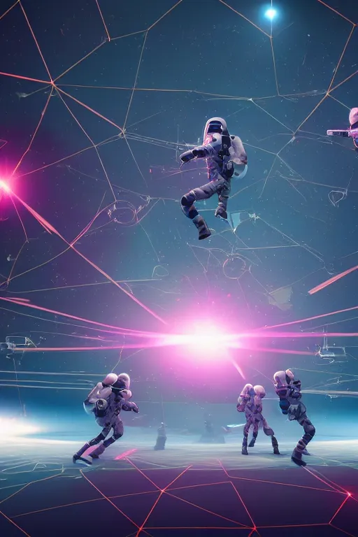 Prompt: wide view of a dozen futuristic spacemen firing lasers, zero gravity, floating, in space, bright, hiding behind obstacles, surrounded by a laser grid, stars visible, unreal engine, lensflares, low perspective, polygon, vector, heavy filmgrain