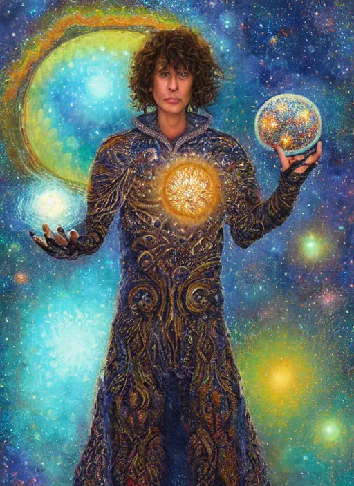 Image similar to high intricate painting of the fractal sandman holding a glimmering galaxy, full shot, neil gaiman, maria panfilova, andrea savchenko, mike kime, ludovic plouffe, qi sheng luo, oliver cook, julian calle, eddie mendoza, trending on artstation