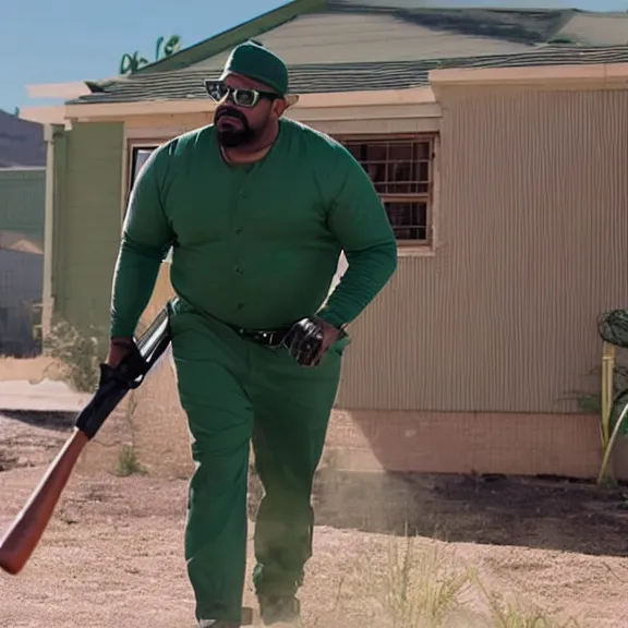 Prompt: Still of Big Smoke with green clothing with a baseball bat in Better Call Saul