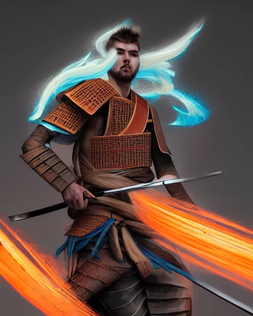 Prompt: face portrait of luka doncic as a muscular ronin samurai, wearing a haori, by wlop and peter mohrbacher, dramatic action pose, extremely detailed shading, concept art, digital painting, trending on artstation, unreal engine 5, octane render, atmosphere, glow, cinematic lighting, full of color