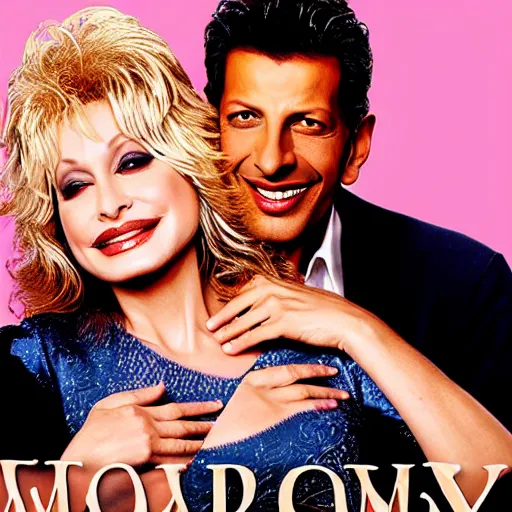 Prompt: romance novel book cover of jeff goldblum and dolly parton