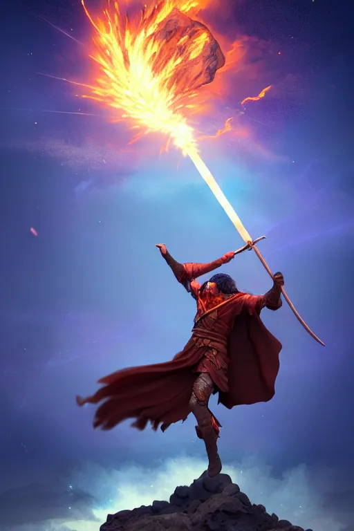 Image similar to levitating mage wielding a spear opening a shining portal pulsating in the night sky, horizon of an erupting volcano, trending on artstation, cgsociety, behance hd