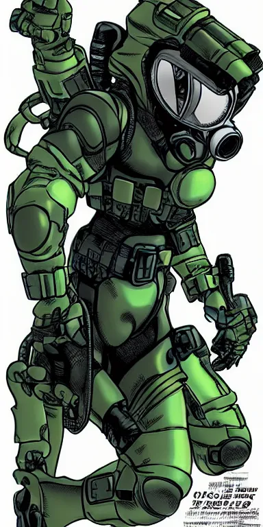 Prompt: time traveling intelligence agent in a sealed continuity suit, simple and functional with gaiter-style gas mask, resembling splinter cell + metal gear solid by Joe Madureira