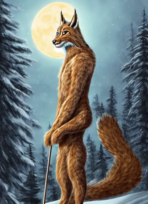 Prompt: anthropomorphic lynx holding a golden intricately decorated shiny scepter, night, spruce trees on the sides, mountains in the background, eerie dark atmosphere, moonlit, back light, in the style of fantasy movie, fantasy art, fantasy matte painting, trending on artstation