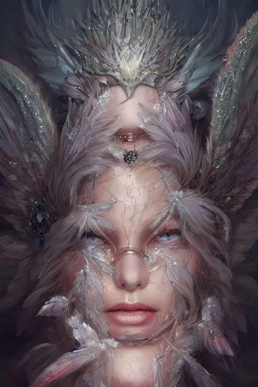 Image similar to beautiful princess with face covered with blood crystals wearing frost feathers, diamonds, angel, fantasy, dramatic lighting, highly detailed, digital painting, magic the gathering, hyper detailed, 3 d render, hyper realistic detailed portrait, peter mohrbacher, wlop, ruan jia
