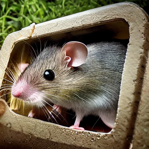 Prompt: mouse build a utopia out of a trashy human bathroom, photo realistic, wild angle lens, nat geo award winner