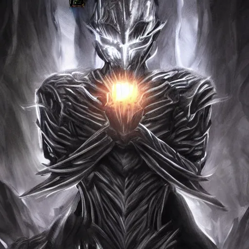 Prompt: extremely detailed artwork of an armored dark figure in a dark evil forest, super sayan, glowing hands, Sauron, Ultron, speedster, fantasy art, fog,