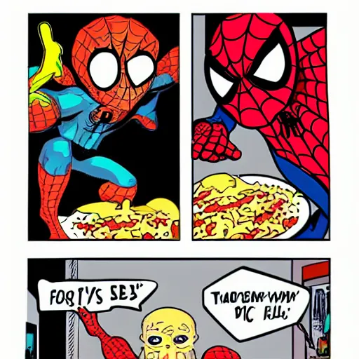 Prompt: spiderman eating fried chicken, comic style