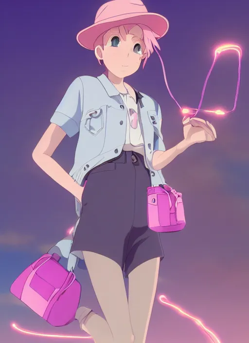 Image similar to a young woman, with a wavy short pink hair and pink fedora hat, wearing a light pink jacket with a dark blue tie, purple gloves and blue jeans shorts and white shoes. She is holding blue neon strings tied on her hand, rich vivid colors, ambient lighting, dynamic lighting, 4k, official media, anime key visual, makoto shinkai, ilya kuvshinov, lois van baarle, rossdraws, detailed, trending on artstation