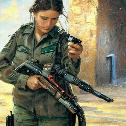 Image similar to a female israeli soldier pressing a staple gun to her head and looking depressed by thomas kincade realistic, high details