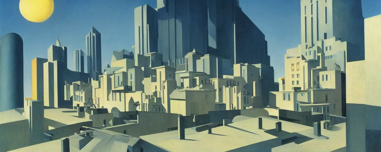 Image similar to hotel in a futuristic city, dada, edward hopper, rene magritte, highly detailed