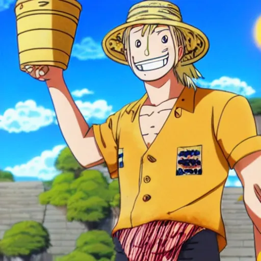 Prompt: A still of a bearded blonde man wearing a tie dye shirt and a bucket hat standing in front of The Thousand Sunny in One Piece Anime Series