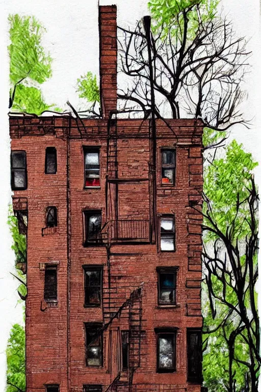 Prompt: (((((a ramshackle manhattan brick brownstone deep in the forest))))) by Andy Walsh!!!!!!!!!!!!!!!!!!!!!!!!!!!