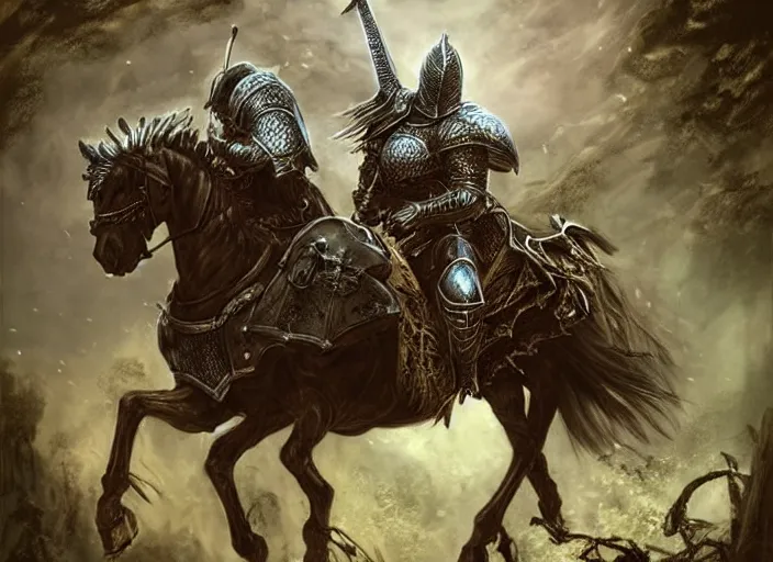 Prompt: knight on horseback, fantasy art, very detailed, beautiful, dark souls, lush landscape