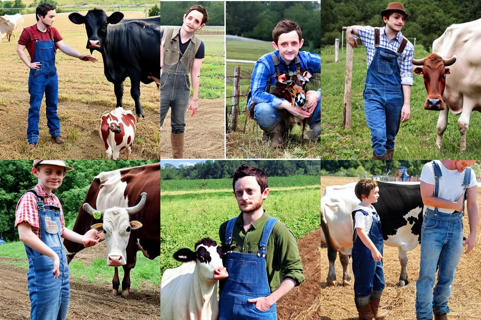 Prompt: elijah wood in overalls on a farm petting a cow