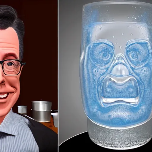 Image similar to stephen colbert face inside a foamy!!! a clear beer stein, 8 k, ultra realistic details