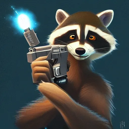 Image similar to “ racoon in the style of zootopia holding laser gun, floating alone, with a black background, digital art, award winning, trending on art station, retro style ”