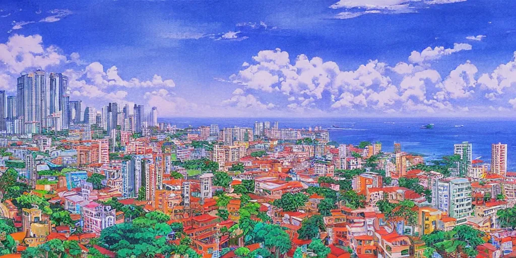 Prompt: colombo sri lanka cityscape, ocean, art by Hayao Miyazaki