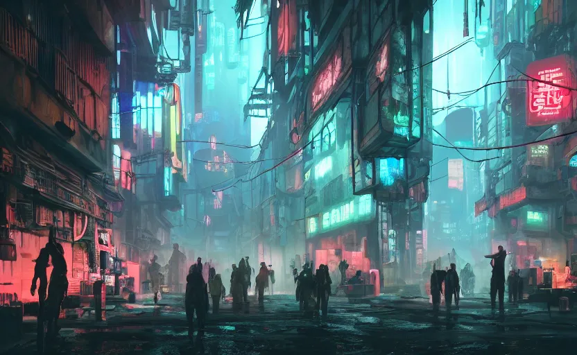 Prompt: close wide angle shot of a matte painting environment design of dystopian cyberpunk alley with neon lights, people on the streets being monitored by flying drones, trending on artstation, painted by dreadjim, eddie mendoza, james paick, ultra realistic, volumetric lighting, 4k, octane render