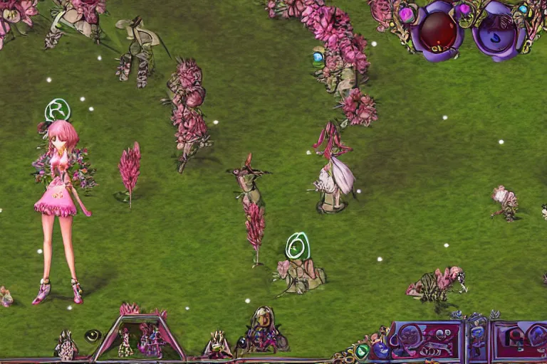 Prompt: cute female forest spirit wearing ornate floral cybernetic hungarian valentino resort dress in a 3 d psx ps 2 jrpg style, esoteric magical alien meadow ritual environment, fashion gameplay battle sequence screenshot with ui hud elements, highly detailed, atelier, xenogears