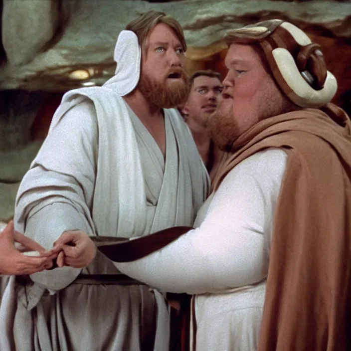 Prompt: obi wan kenobi but obese!! and overweight dressed as as princess leia, photoralistic rendering, movie still, screenshot, hyperdetailed