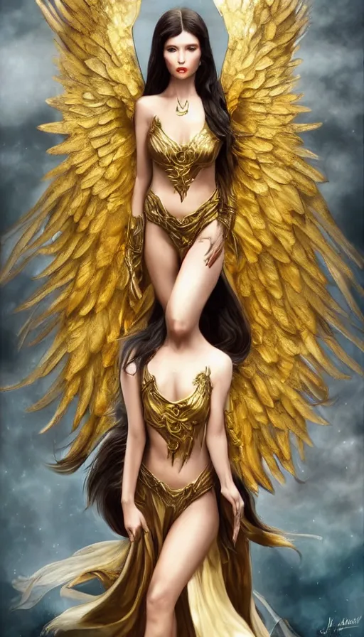 Image similar to a beautiful woman archangel big golden wings, full body, 8 k, hyperrealistic, sharp focus, hyperdetailed, beautiful face, long dark hair, dark fantasy, fantasy portrait by laura sava