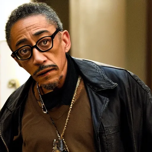 Prompt: Giancarlo esposito dressed like a mexican thug, black bandana covering mouth, blurry still