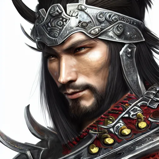 Image similar to realistic detailed semirealism warrior man wearing samurai armor. male_character, long_hair, FFXIV, iconic character splash art, Detailed, detailed metal textures, 4K high resolution quality artstyle professional artists WLOP, Aztodio, Taejune Kim, Guweiz, Pixiv, Instagram, Artstation