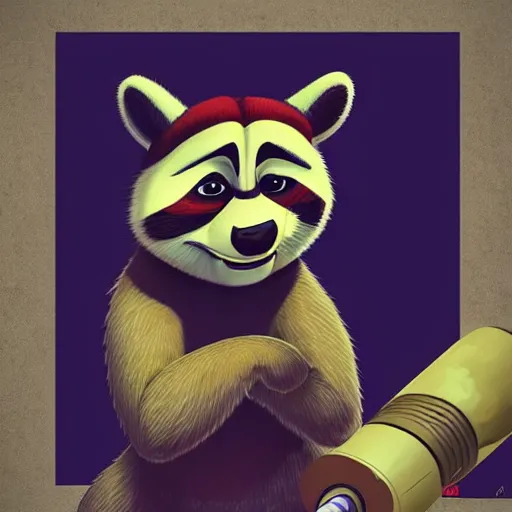 Image similar to “ portrait of a racoon in the style of kung fu panda holding laser gun, with a black background, digital art, award winning, trending on art station, retro style ”